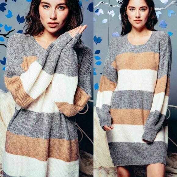 NEW Neutral Tan Ivory Gray Striped Colorblock Soft Sweater Dress Longline Tunic - Picture 1 of 13
